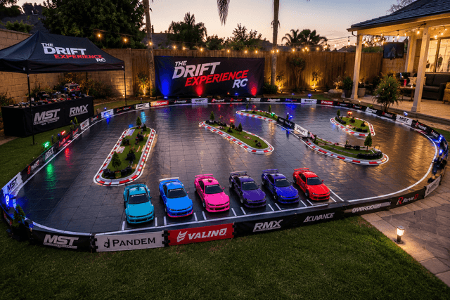 The Drift Experience RC figure-8 track lit up at dusk in a backyard, with the fleet of RC drift cars lined up on the grid