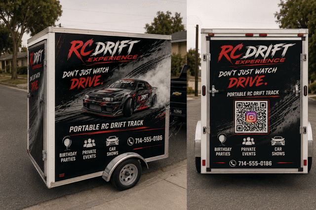 The Drift Experience RC branded mobile trailer that hauls the full portable drift track to your event
